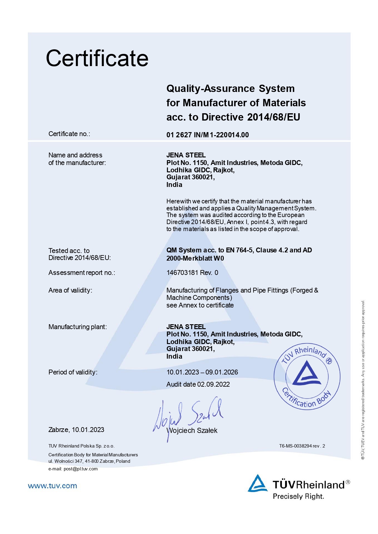 PED & AD 2000 W0 CERTIFICATE