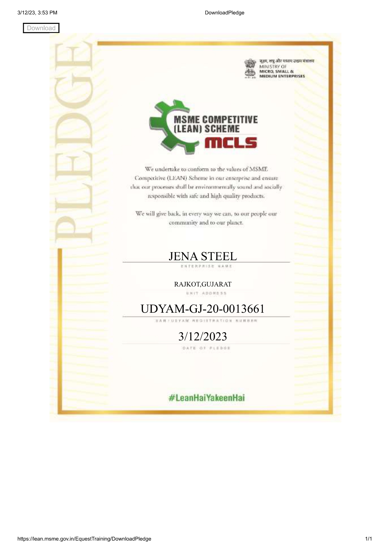 LEAN PLEDGE CERTIFICATE